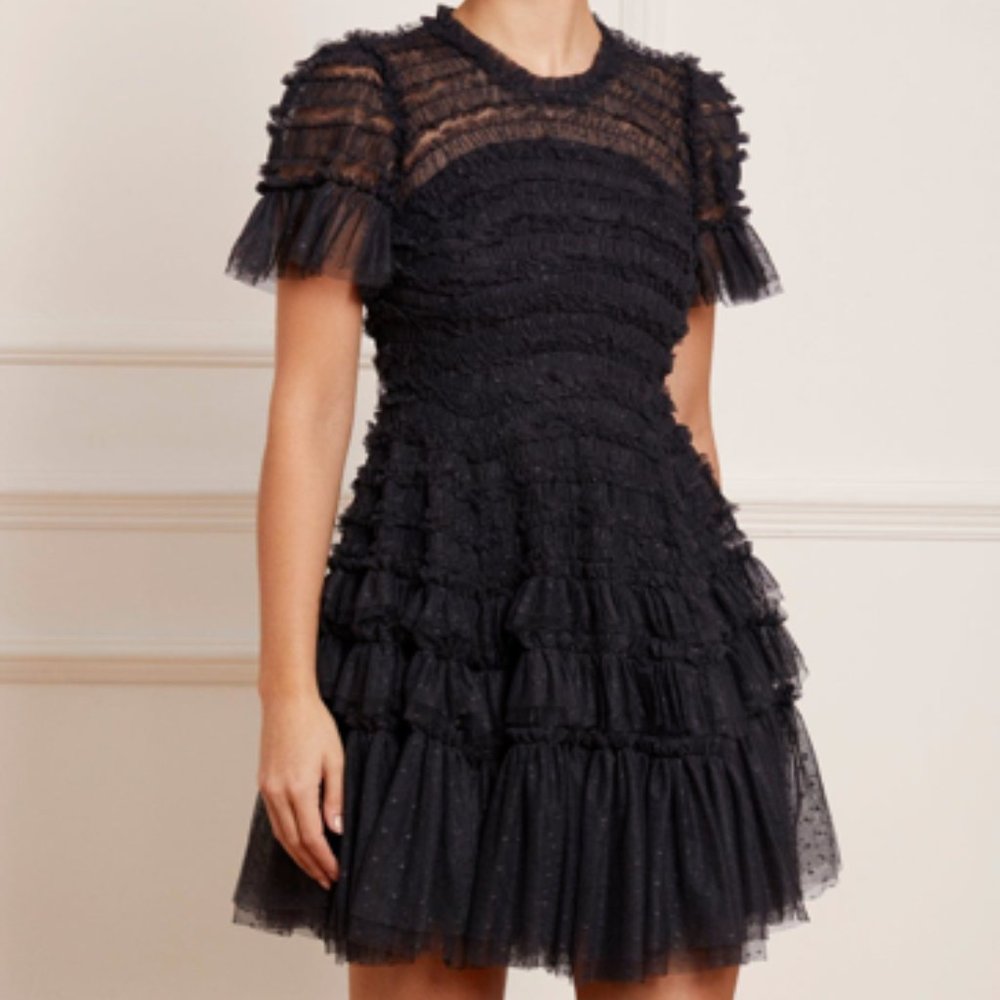 Needle & Thread Black Ruffle Mini Dress
